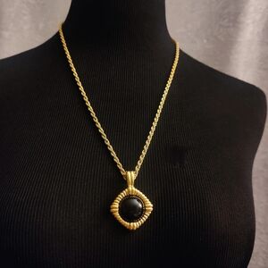 Vintage KJL Kenneth Jay Lane Black Cabochon Pendant Necklace Gold Tone Rope